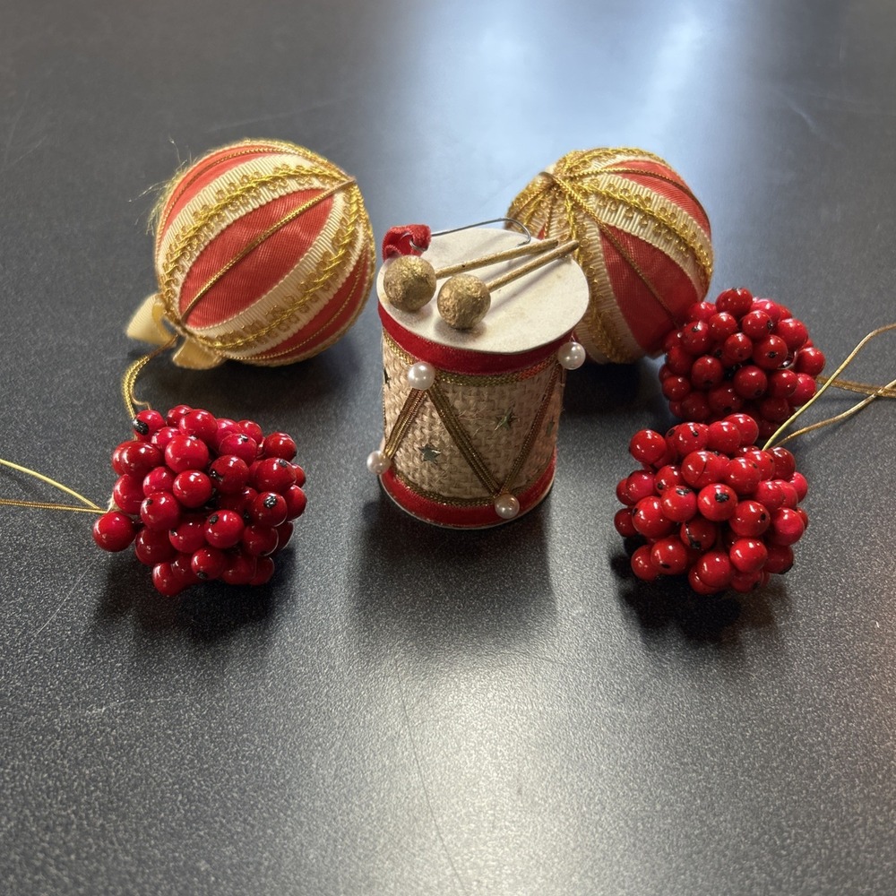 Vintage Christmas Ornaments Ribbons Drum Holly Berries Japan 6 Piece